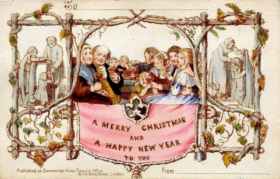 Illustration of men and women sitting around toasting a Merry Christmas and Happy New Year, first Christmas card from London