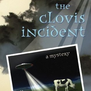 A book cover features a hand holding a photo of a cow with a spaceship overhead. The Clovis Incident by Pari Noskin Taichert
